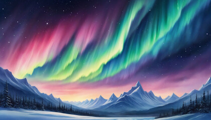 Wall Mural - Abstract Watercolor Northern Lights Background Texture, Dreamy Aurora Polar Lights. Celestial Watercolor Landscape With Aurora Borealis. Generative AI