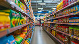 Fototapeta Uliczki - A colorful grocery store aisle packed with a variety of products and brands.