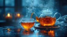  Tea Being Poured Into A Glass Teapot Next To A Cup Of Tea On A Plate With A Lit Candle In The Background And Steam Coming Out Of The Tea.