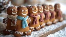  A Row Of Gingerbread Men Wearing Scarves And Scarves On A Wooden Board With Snow On The Ground And Pine Cones And Pine Cones In The Back Ground.