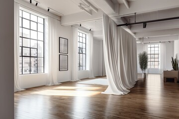 Canvas Print - A white loft interior room with a brown hardwood floor, windows, and drapes has a blank frame in the center. a mockup