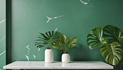 Wall Mural - white marble stone counter table, tropical monstera plant in sunlight on green wall background for fresh organic cosmetic, luxury skin care, beauty product presentation