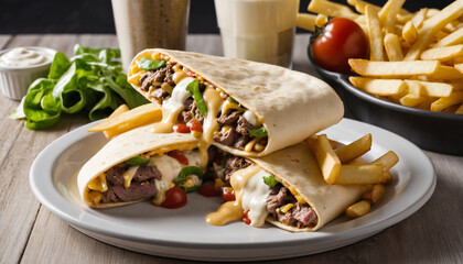 Wall Mural - Delicious Two Half French Tacos Sandwich With Beef And French Fries. With French Creamy Cheese Sauce. Street Food Tacos. Generative AI
