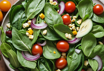 Wall Mural - a vegan salad bursting with spring flavors, composed of baby spinach, cherry tomatoes, corn salad, crisp cucumber, and tangy red onion