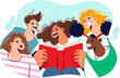 © Valery - Happy children read book standing around classmate with encyclopedia and are surprised open mouths