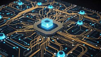 Abstract tech background with interconnected cyber cells, quantum computing network system and electronic global data connection