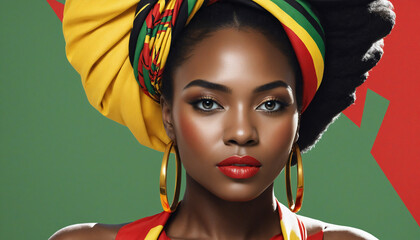 Creative African-American woman face fashion portrait with red yellow green black colors. Black History Month background. Racial equality, freedom, human rights day concept