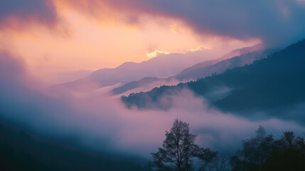 Wall Mural - Astral Ascent: Sun-Kissed Peaks in Morning Mist