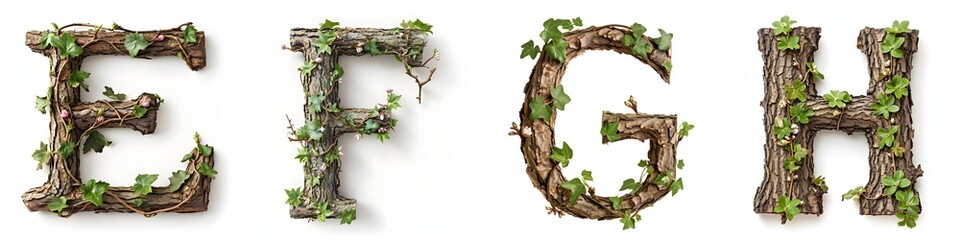 Wall Mural - Alphabet letters E, F, G, H made of wood and green leaves on white background 