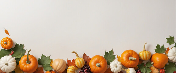 Autumn leaves and gourds, pumpkins patch on white background banner