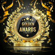 Golden Award Ceremony stage platform with spotlight. Award ceremony background with 3d gold star element and glitter light effect decoration. Generative AI