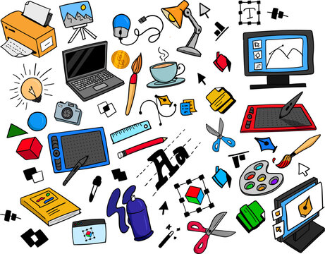 Set of hand drawn graphic designer doodle objects icons