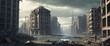 Desolate urban landscape after apocalypse. Ruined structures, smoldering debris, contaminated environment. The devastated aftermath of a post-apocalyptic world.