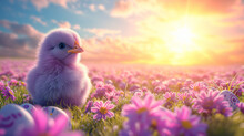 Background For Easter Card, A Chick On The Background Of The Rising Sun On A Field Of Flowers, Generated AI