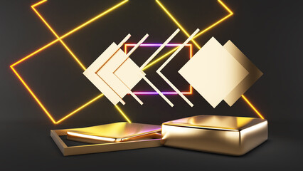 Poster - gold pedestal on white back flap neon light gold frame,mock up podium for product presentation,3D rendering