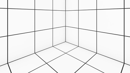 Poster - A grid of lines in an empty, white room serves as a visual cue. ,a space with a distance-measuring grid , a grid view,3d rendering