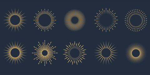 Wall Mural - vintage sunburst collection set. bursting golden sun rays. fireworks. radial sunset beams. logotype 