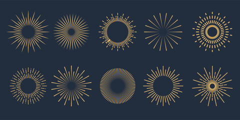 Wall Mural - vintage sunburst collection set. bursting golden sun rays. fireworks. radial sunset beams. logotype 