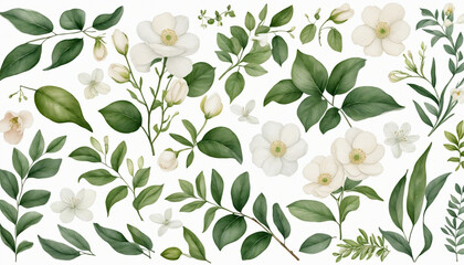 Wall Mural - Watercolor collection of white flowers and green leaves on a white background