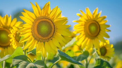 Wall Mural - Field with yellow sunflowers close up.