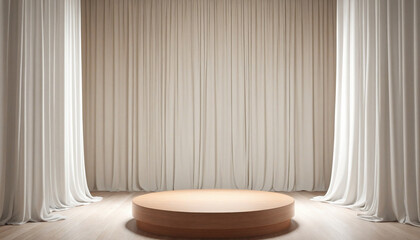 Wall Mural - Contemporary circular wooden pedestal in empty room with sunlit white drapes