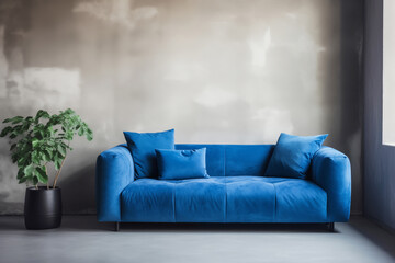 Wall Mural - Luxurious blue velvet sofa in Modern Living Space on empty concrete wall background