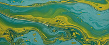 Blue, Green, Yellow Color Oil Patterns On The Surface Of The Water