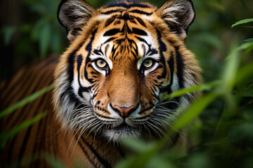 Wall Mural - Face of wild tiger between green leaves