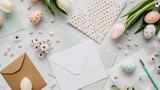 Fototapeta Mapy - A flat lay of Easter greeting cards envelopes and calligraphy pens ready for writing personal messages.