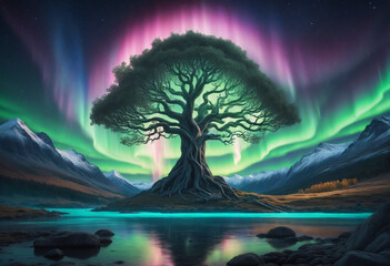 Wall Mural - Mystical World Tree Illuminated by Northern Lights