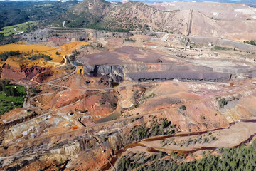 Wall Mural - Aerial drone view of old copper and gold mining exploitation in Minas de Riotinto with beautiful brown, ocher, yellow and red colors in Huelva mountains, Andalusia, Spain