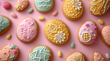 A Flat Lay Of Easter-themed Sugar Cookies With Intricate Icing Designs Arranged Artistically.