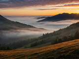 Fototapeta Na ścianę - Mountains, Sunrise in the mountains. Sunrise fog in the morning in mountains. Mountain valley sunrise. Beautiful sunrise in foggy mountains