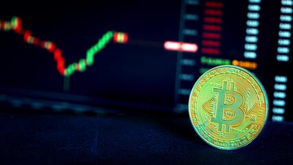 Poster - Bitcoin coin against the background of a cryptocurrency chart. Gold coins and bitcoins. Investment success in the crypto world. Digital cryptocurrency. Stock market and online trading concept