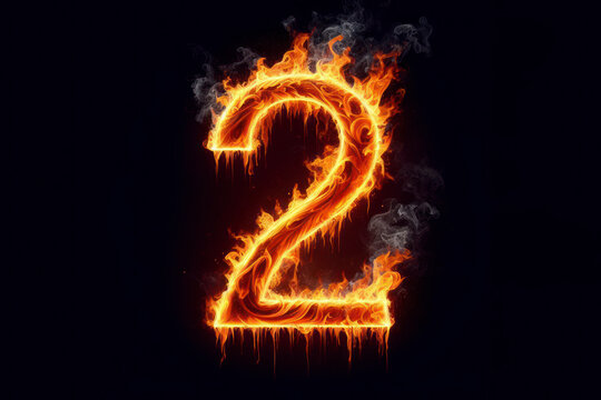 Number 2 with fire growing out isolated on solid black background. ai generative