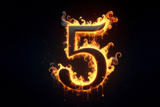 Number 5 with fire growing out isolated on solid black background. ai generative