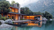 Modern energy-efficient house on the shore of a mountain lake. For projects about new energy efficient homes operating as a separate ecosystem.