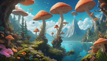 Surreal Colorful Fantasy Landscape With Towering Mushrooms, Trees And Mountains, Illustration