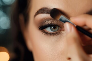 Wall Mural - Close up portrait of beautiful young woman applying eyeshadow powde