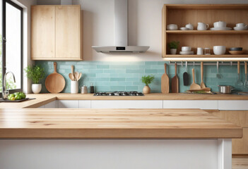 Wall Mural - Modern kitchen interior with wooden tabletop on blurred background. Bright colors and contemporary design.