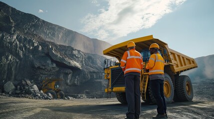 two African American geological workers against the backdrop of a sprawling open-pit coal mine, with a towering yellow mining truck, illustrating the scale and intensity of the mining operation.