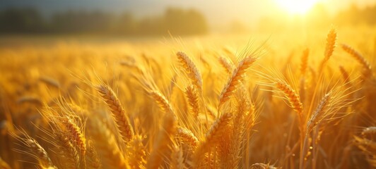 Close-up of golden wheat ears. Harvest concept. Endless wheat field on late summer morning time, backlight by the rising sun. Creative background, shallow depth of the field.