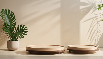 Wall Mural - Wooden Round Tray Podiums in Sunlight with Leaf Shadow on Beige Wall for Organic Beauty Product Presentation