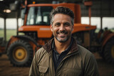 Fototapeta  - Portrait of a handsome young farmer standing in a shirt and smiling at the camera, on a tractor and nature background. Concept: bio ecology, clean environment, beautiful and healthy people, farmers