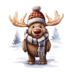 Wall Mural - Illustration of a cute moose wearing a knitted hat, scarf and jacket on a white background.