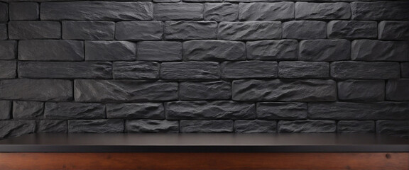 Wall Mural - Wooden table against a black stone wall for showcasing products