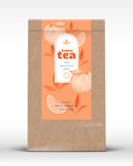 Wall Mural - Craft Paper Bag with Fruit and Berries Tea Label. Realistic Vector Pouch Packaging Design Layout. Modern Typography, Hand Drawn Oranges and Leaves Silhouettes Background Mockup Isolated