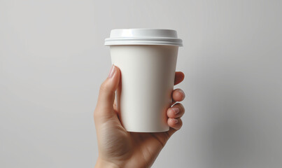 Wall Mural - Model of a woman's hand. A woman holds a paper cup of coffee, on a light gray background. coffee mockup