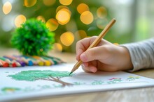 Child's Hand Delicately Coloring A Tree Line Drawing On White Paper With Green Crayons, Ecosystem And Healthy Environment Concept, Earth Day, Save The World.