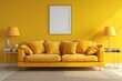 Sunny sophistication: Beige sofa adorned with yellow pillows, paired with side tables and lamps against a sunny yellow wall with a poster frame, defining classic home interior design.
